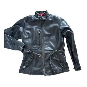 Harley Davidson Vintage Leather Moto Jacket M w/ Embroidery & Red Lining